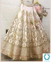 SemiStiched Lehenga Choli - Free Size, Cream, Satain , Dupatta Fabric:Net, Embroidered, Pack of:1